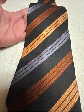 🎁3 for $30 - Striped Necktie in Black, Gold, Brown and White